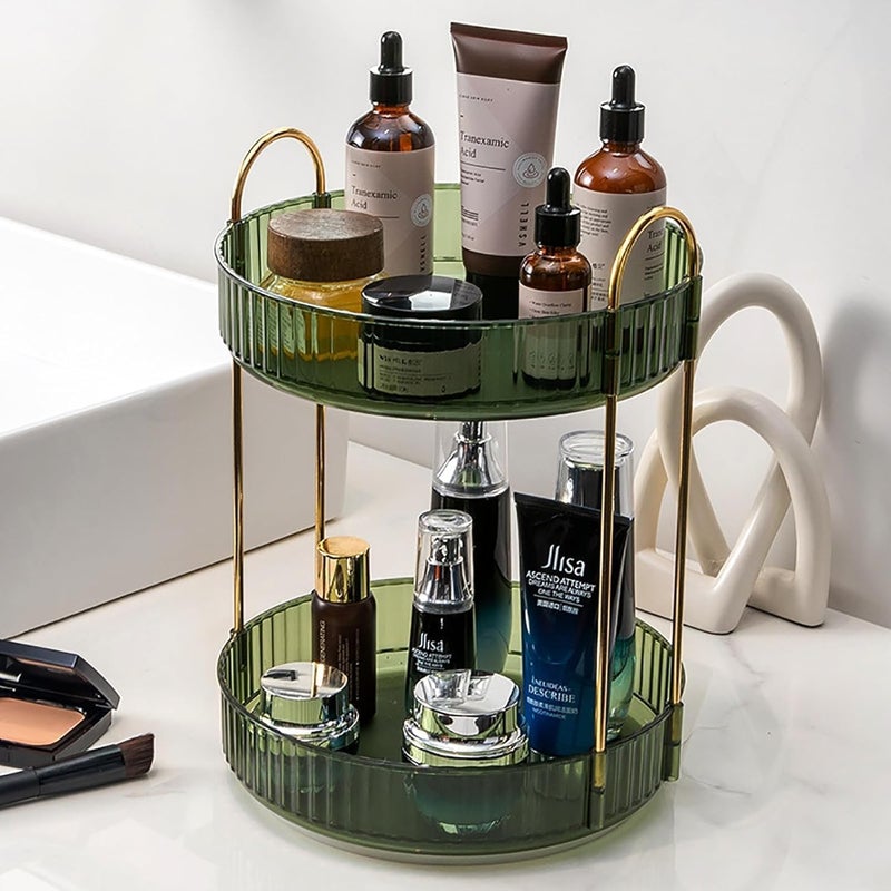 Dravina 360° Rotating Makeup Organizer Rack| 2 Tier Standing Countertop Cosmetic Vanity Tray For Makeup, Skincare|Corner Rack For Bedroom,Bathroom (2 Layer- Green (Rack) + Gold Rods) - Image 1