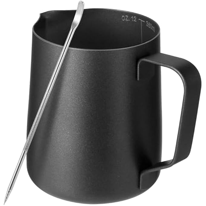 LifHap Milk Jug With Latte Decorating Art PenBlack Teflon Coating 350Ml12Oz 304 Stainless Steel Milk Frother Pitcher CupMetal Barista Accessories For Coffee Machine - Image 1