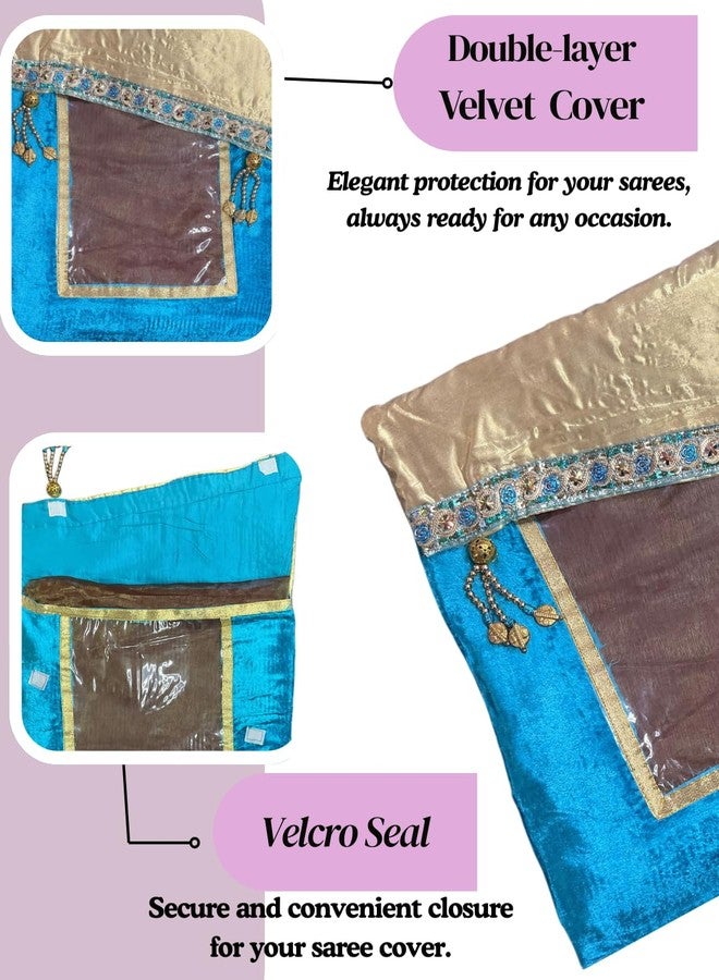 Double-layer Velvet Saree Cover with Decorative Border, Turquoise Blue, - Image 2