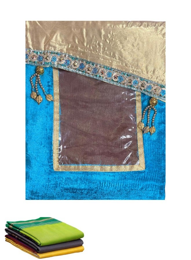Double-layer Velvet Saree Cover with Decorative Border, Turquoise Blue, - Image 1