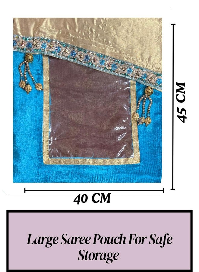 Double-layer Velvet Saree Cover with Decorative Border, Turquoise Blue, - Image 3