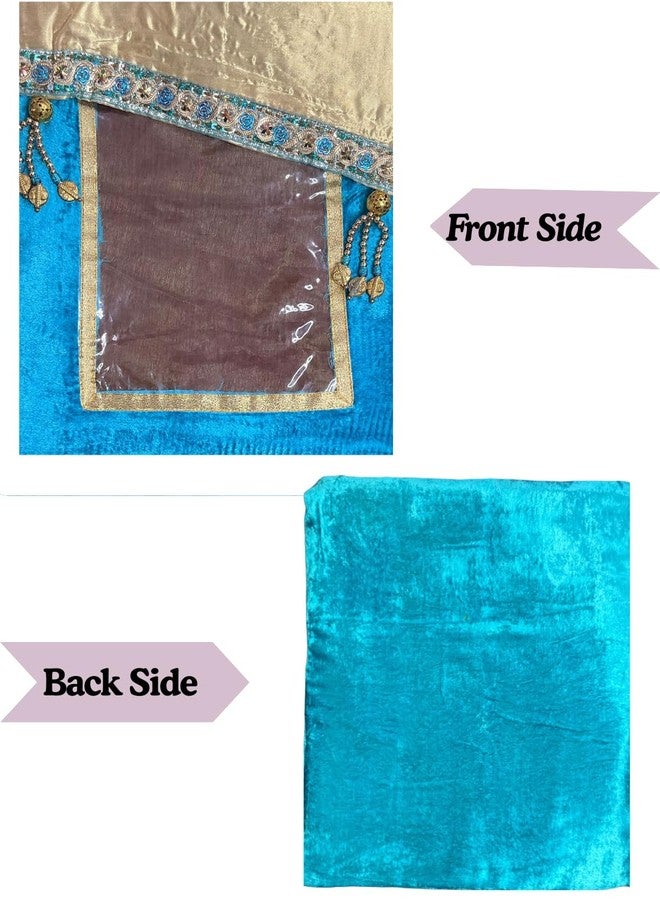 Double-layer Velvet Saree Cover with Decorative Border, Turquoise Blue, - Image 4