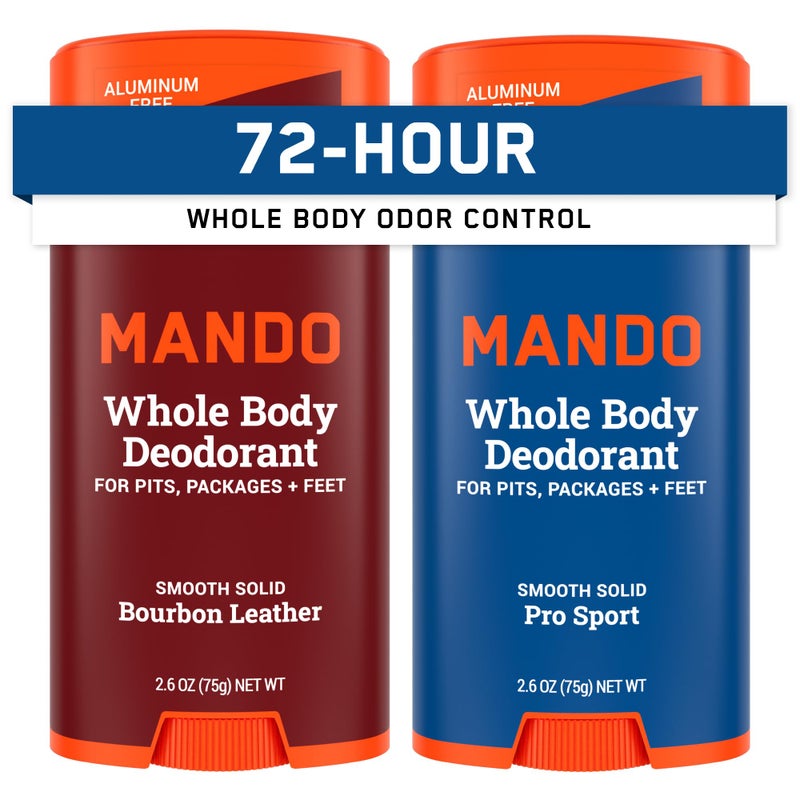 Mando Whole Body Deodorant For Men - Smooth Solid Stick - 72 Hour Odor Control - Aluminum Free, Baking Soda Free, Skin Safe - 2.6 Ounce (Pack of 2) (Bourbon Leather & Pro Sport) - Image 1