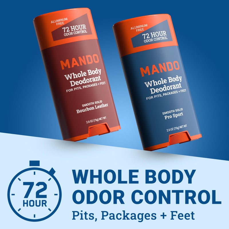 Mando Whole Body Deodorant For Men - Smooth Solid Stick - 72 Hour Odor Control - Aluminum Free, Baking Soda Free, Skin Safe - 2.6 Ounce (Pack of 2) (Bourbon Leather & Pro Sport) - Image 2