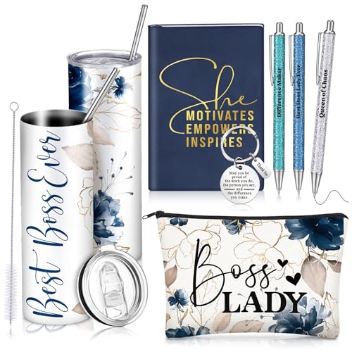 Skylety 7 Pcs Boss Lady Gifts Set for Women, Best Boss Ever Gift Idea 20 oz Stainless Steel Tumbler Makeup Bag Notebook Keychain Ballpoint Pens, Thank You Gifts for Female Leaders(Dark Blue) - Image 1