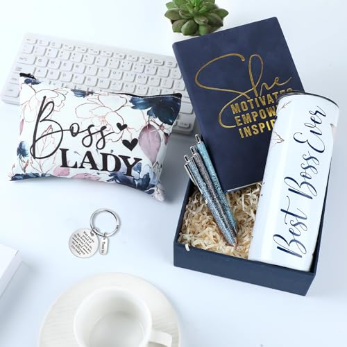Skylety 7 Pcs Boss Lady Gifts Set for Women, Best Boss Ever Gift Idea 20 oz Stainless Steel Tumbler Makeup Bag Notebook Keychain Ballpoint Pens, Thank You Gifts for Female Leaders(Dark Blue) - Image 2