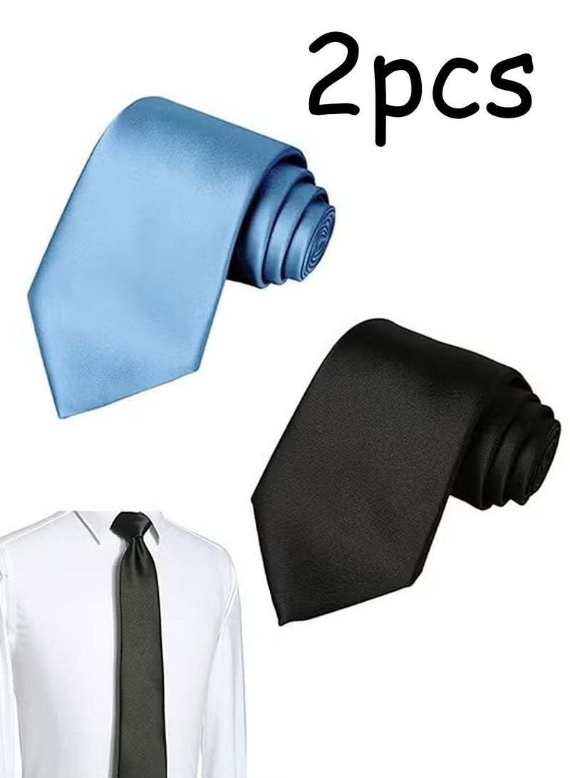 2 PCS Men's Solid Color Satin Microfiber Tie, Regular and Skinny Width - Image 1
