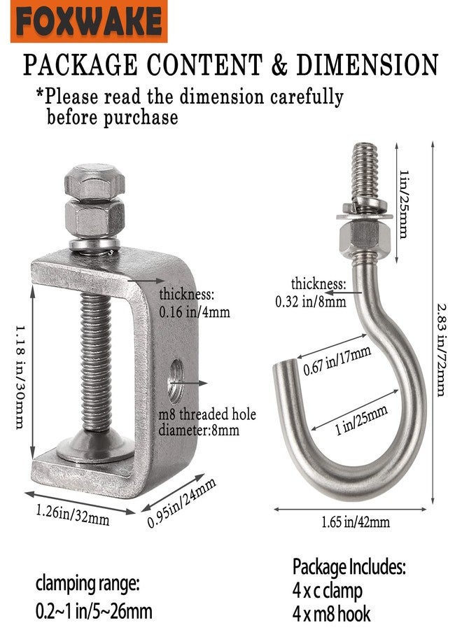 Foxwake 1 3/16 In Stainless Steel Small C Clamps +Heavy Duty Metal Threaded Hanging Screw Hook/Open Cup Bolt Hook, With Stable Wide Jaw Opening&Protective Pad/I-Beam Design (2PCS) - Image 2