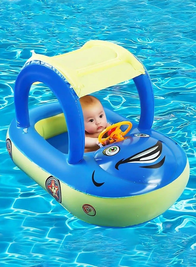 DURKU Sun Canopy Baby Pool Float with Steering Wheel, Inflatable Swimming Toy featuring Cute Patterns and Safety Seat. Comfortable Infant Float for Family Pools, Lakes, Beaches, or Outdoor Trips. Fun Wate - Image 1