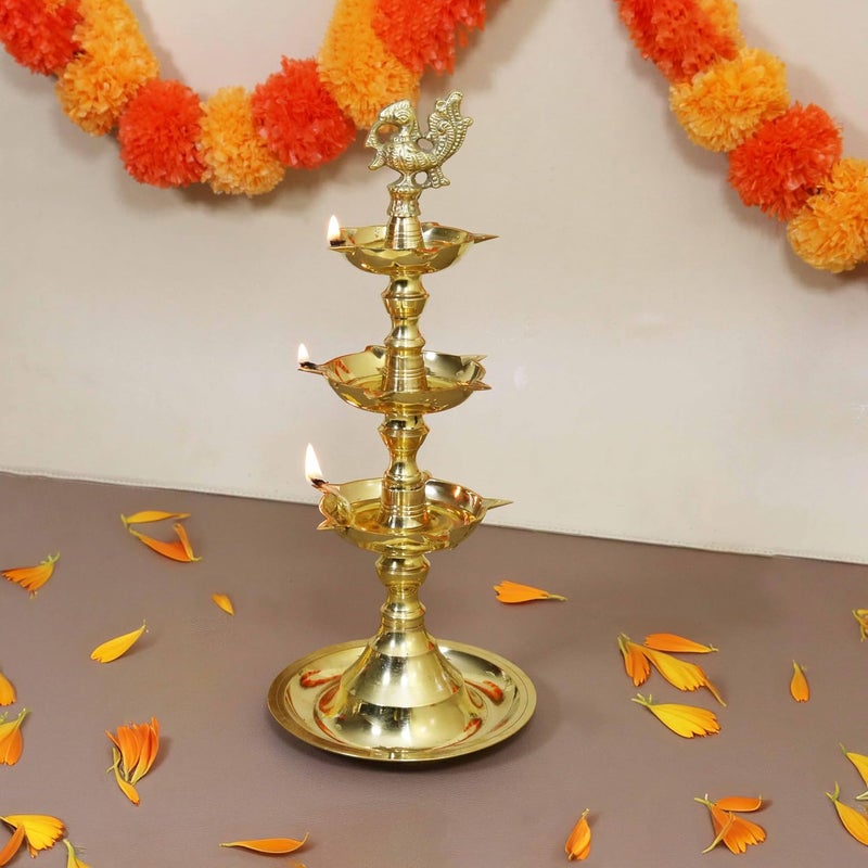 سبيل بوكس مصباح زيت نحاسي تقليدي مصنوع يدويًا أنام كوثو فيلاكو كيرالا مصباح طاووس للمنزل معبد بوجا مقالات ديكور هدايا مصباح طاووس ثلاثي الخطوات