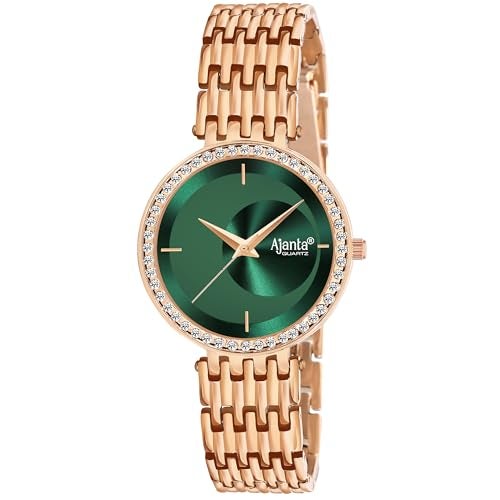 Ajanta Quartz Luxury Analog Watch Diamond Studded Rose Gold Watch & Green Dial Minimalistic Dial with Bracelet Chain Watch for Women & Girls (La Luna Collection) - Image 1