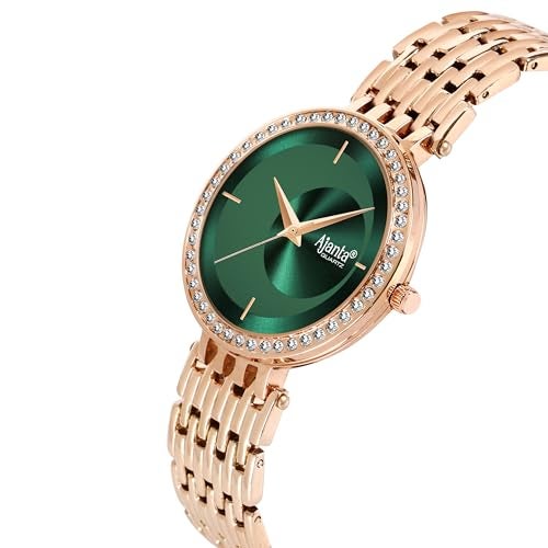Ajanta Quartz Luxury Analog Watch Diamond Studded Rose Gold Watch & Green Dial Minimalistic Dial with Bracelet Chain Watch for Women & Girls (La Luna Collection) - Image 4