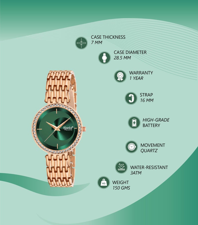 Ajanta Quartz Luxury Analog Watch Diamond Studded Rose Gold Watch & Green Dial Minimalistic Dial with Bracelet Chain Watch for Women & Girls (La Luna Collection) - Image 3