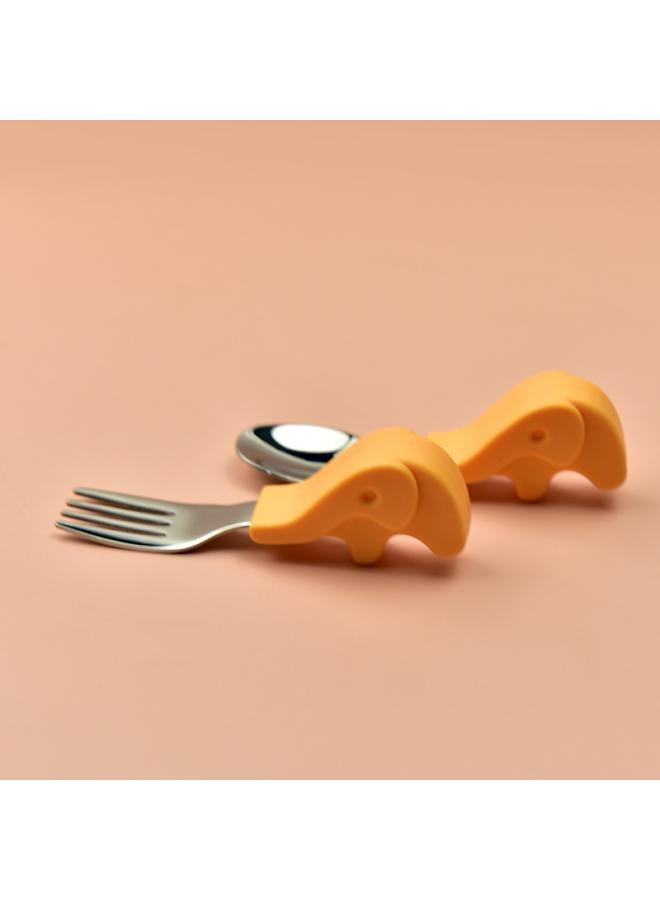 Hippo Baby Baby Learning To Eat Training Fork Spoon Short Handle Stainless Steel Tableware Children's Silicone Complementary Food Complementary Food Fork Spoon
