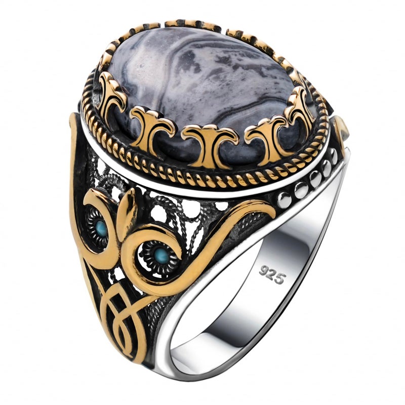 Natural Crazy Agate Stone Genuine Solid 925 Sterling Silver Accented with Bronze Authentic Vintage Turkish Ottoman Style Ring for Men Natural Crazy Agate 9