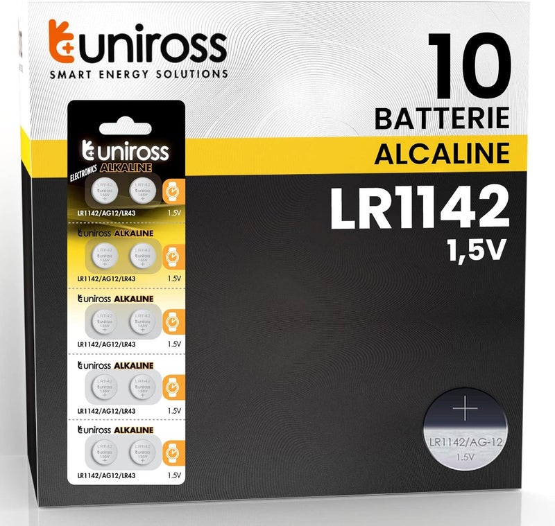 Uniross AG12 LR1142 LR43 1.5V Alkaline Button Cell Battery - Pack of 10 - Image 1