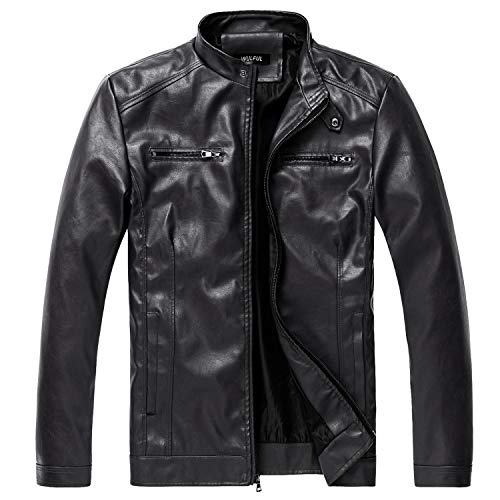 WULFUL Men's Stand Collar Leather Jacket Motorcycle Lightweight Faux Leather Outwear - Image 1