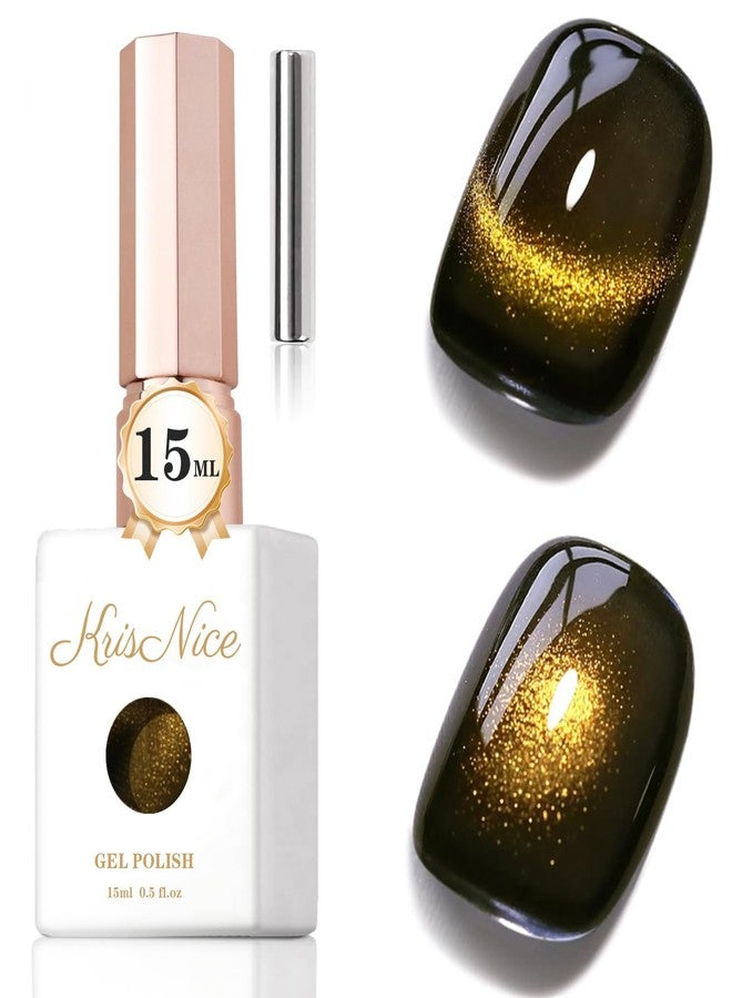 KRISNICE 0.5 OZ Cat Eye Gel Polish with Magnet 15ML Holographic Glitter Shimmer Translucent Jelly Color Magnetic Nail Polish Salon DIY at Home (Black Gold-MY007) - Image 1