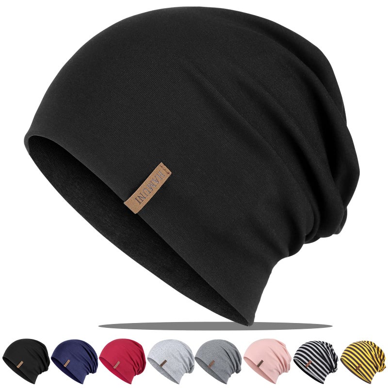 HAMUNI Slouchy Beanie for Women Cotton Beanies Hats Men Lightweight Soft Chemo Headwear Warm Skull Cap for All Seasons Black - Image 1