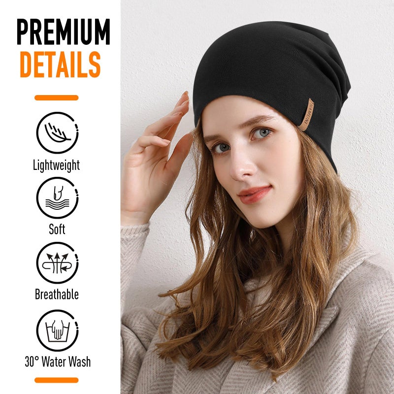 HAMUNI Slouchy Beanie for Women Cotton Beanies Hats Men Lightweight Soft Chemo Headwear Warm Skull Cap for All Seasons Black - Image 2
