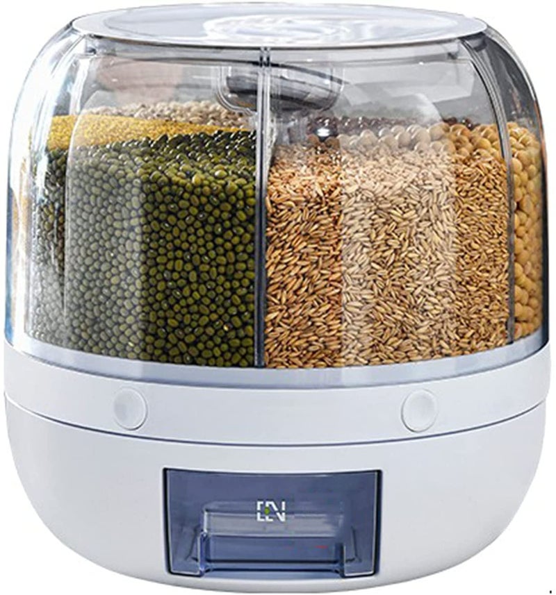 Tray Automatic Plastic 360 Degree Rotation Cereal Dry Food Rice Grain Storage Dispenser Box, with Measuring Cup, 10 kg, White (Large) - Image 1