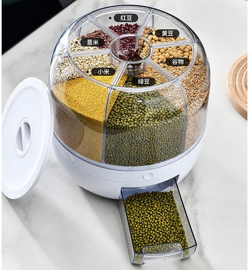 Tray Automatic Plastic 360 Degree Rotation Cereal Dry Food Rice Grain Storage Dispenser Box, with Measuring Cup, 10 kg, White (Large) - Image 5