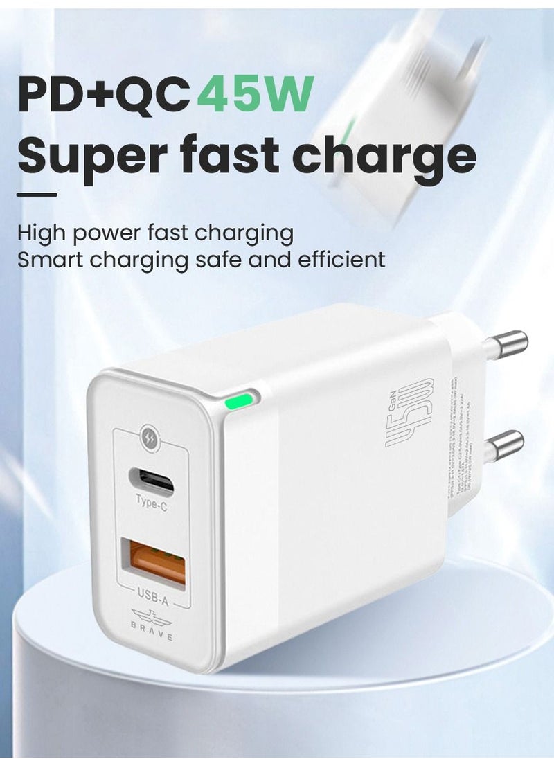 Brave - 45W USB C Fast Charger GaN Compact Smart Travel Wall Charger 2-Port PD 3.0 Type C Power Adapter Compatible with iPhone 15 Pro Max/ Plus/14/13/12/Pro/11/XS/XR/X/8, Samsung Galaxy S22 S21 S20, Pixel 6/6 - Image 1