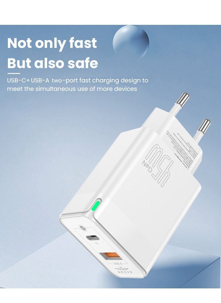 Brave - 45W USB C Fast Charger GaN Compact Smart Travel Wall Charger 2-Port PD 3.0 Type C Power Adapter Compatible with iPhone 15 Pro Max/ Plus/14/13/12/Pro/11/XS/XR/X/8, Samsung Galaxy S22 S21 S20, Pixel 6/6 - Image 1
