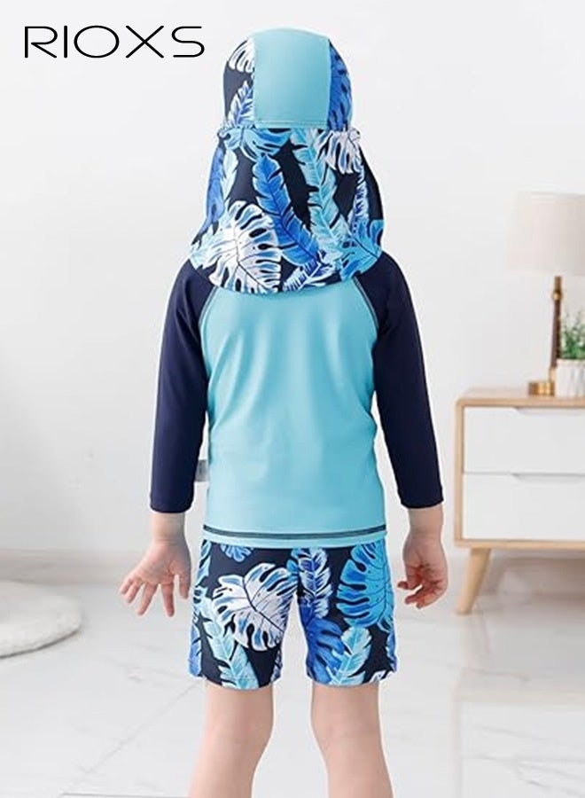 RIOXS Boys' 3-Piece Swimwear,Long Sleeve Rash Guard Swimsuit With Caps For Boys,Moisture-wicking Breathable Swimming Costume Set,Quick-drying Swimwear For Beach Surfing Diving Swimming - Image 2