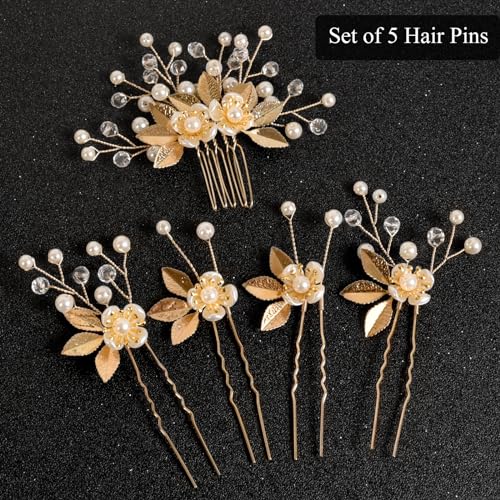 Sppry Wedding Hair Pins Set of 5 Pcs - Elegant Leaf Floral Pearl Rhinestones Hair Accessories for Bridal Women (Gold) - Image 2