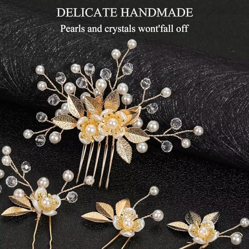 Sppry Wedding Hair Pins Set of 5 Pcs - Elegant Leaf Floral Pearl Rhinestones Hair Accessories for Bridal Women (Gold) - Image 3