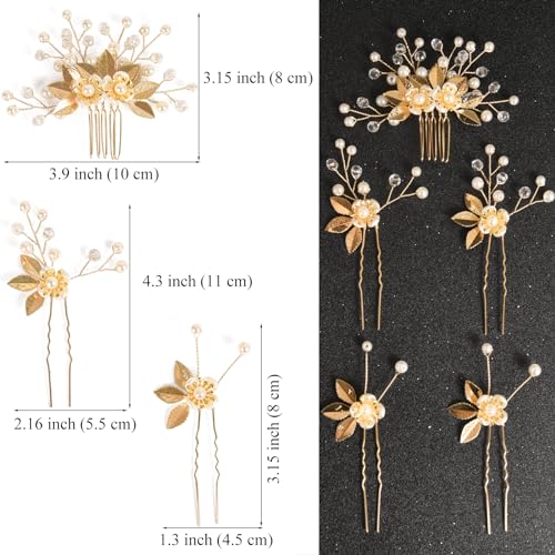 Sppry Wedding Hair Pins Set of 5 Pcs - Elegant Leaf Floral Pearl Rhinestones Hair Accessories for Bridal Women (Gold) - Image 5