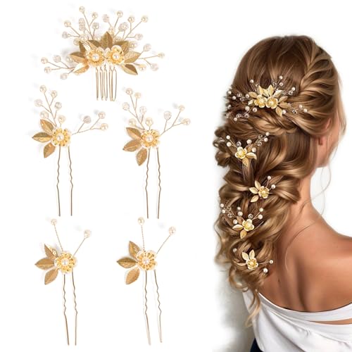 Sppry Wedding Hair Pins Set of 5 Pcs - Elegant Leaf Floral Pearl Rhinestones Hair Accessories for Bridal Women (Gold) - Image 1