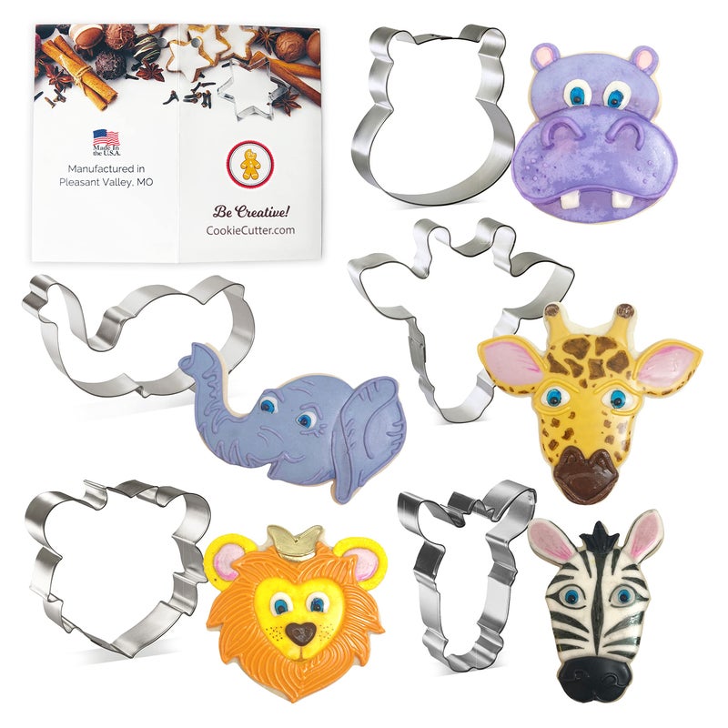 Foose Cookie Cutters 5 Piece Jungle Animal Faces Circus Elephant Giraffe Hippo Lion Zebra USA