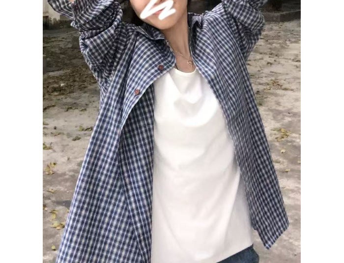 Niche Korean Plaid Shirt Womens Early Autumn New All-match Loose Lazy Style Top Outer Plaid Shirt Coat Blue
