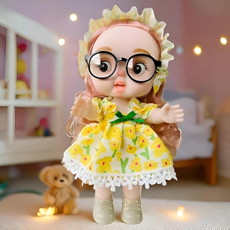 3 اي قطعة ديكورية - تمثال عروس طفلة بفستان زهري أصفر ونظارات أنيقة، مثالية كقطعة ديكور ساحرة أو هدية لاحتفالات الأطفال