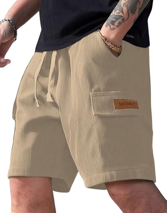 SMOWKLY Authentics Classic Men's Ribbed Polycotton Relaxed Fit Cargo Stretch Shorts || Half Pant with Drawstring & 4 Pockets || Lightweight & Quick Dry (1668_CK_M) - Image 1