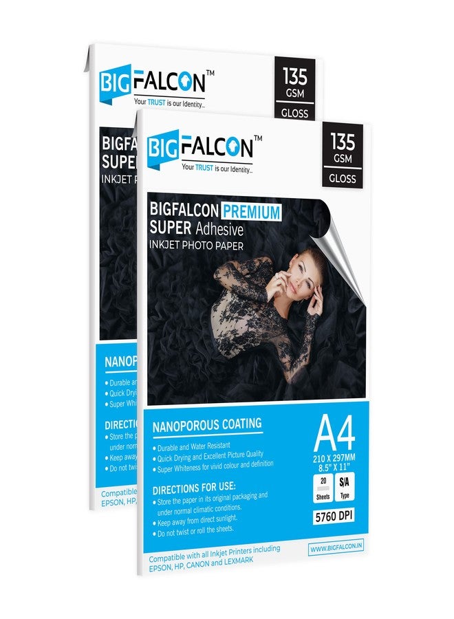 BIGFALCON Premium 135 GSM Super Self-Adhesive High Glossy Inkjet Sticker Photo Paper A4 (210x297mm) -40 Sheets - Image 1