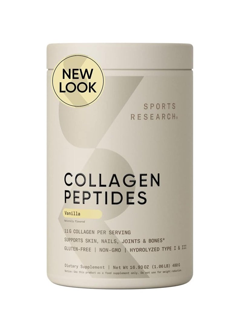 SPORTS RESEARCH Hydrolyzed Type I & III Collagen Peptides, Vanilla , 16.93oz, 1.06lb - Image 1