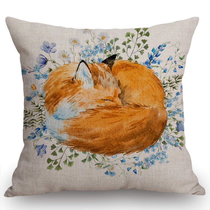 Swono Watercolor Sleeping Fox Throw Pillow Cover Cushion Case for Home Decor Sofa Couch 18 x 18 Inch Cotton Linen Farmhouse Decorations