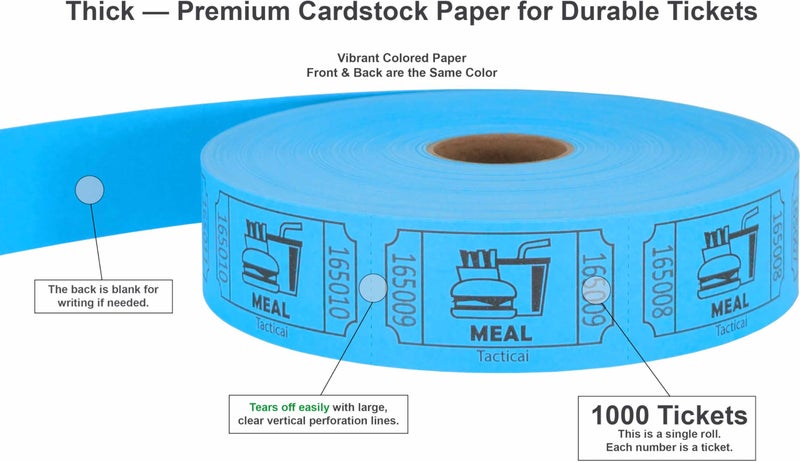 Tacticai 1000 Raffle Tickets, Meal, Blue (1 of 8 Colors), Single Roll, Ticket for Events, Food, Class Reward, Fundraiser & Prizes - Image 2