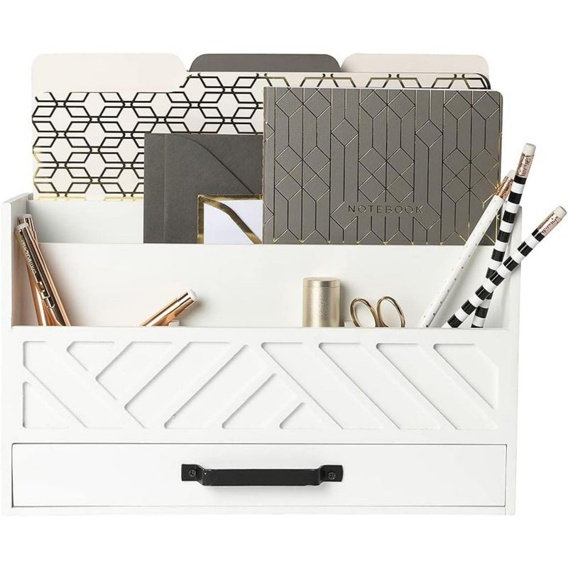 BLU MONACO Mail Organizer Countertop Kitchen White Wood Desk Storage with Drawer Mail Sorter or Bill Holder for Desk Farmhouse Accessories Mail Basket for Counter
