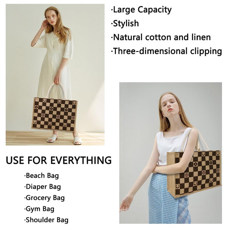 Hibala Woven Large Beach Bag Straw Beach Tote Handmade Weaving Shoulder Tassel Bag Handbag (Checkerboard Grids) - Image 5