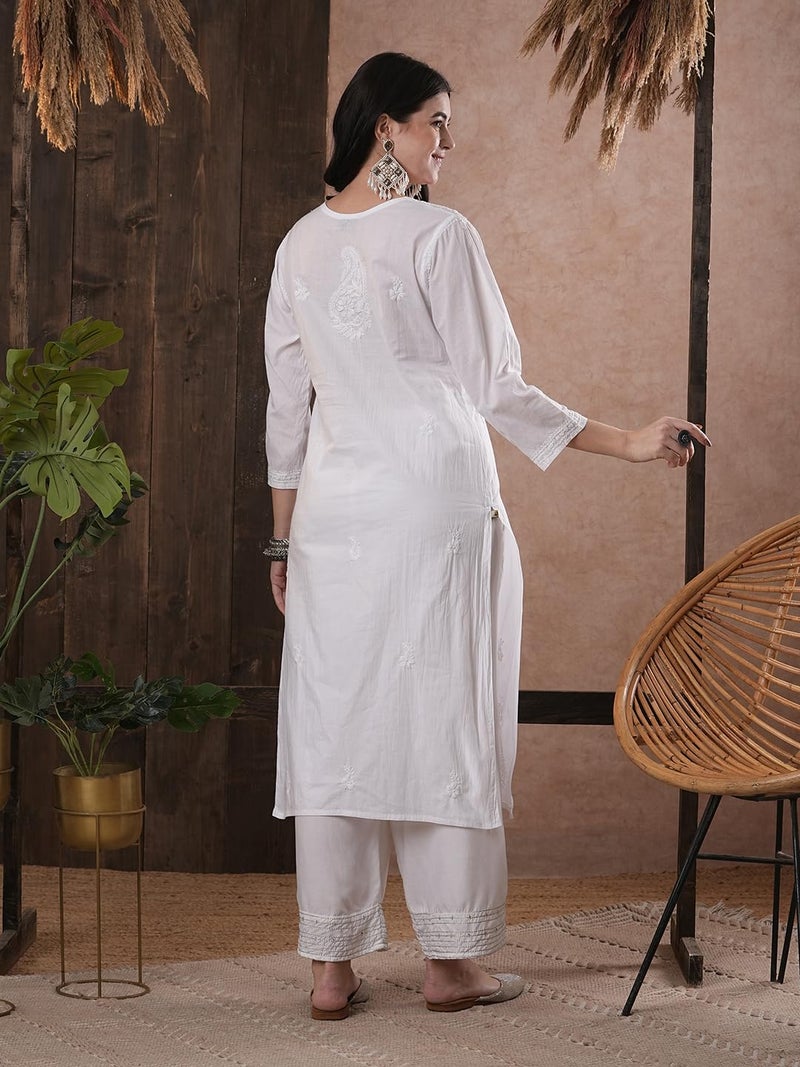 Ada Hand Embroidered Lucknow Chikankari White Cotton Regular Fit Kurti Kurta Tunic for Women A332395 (2XL) - Image 2