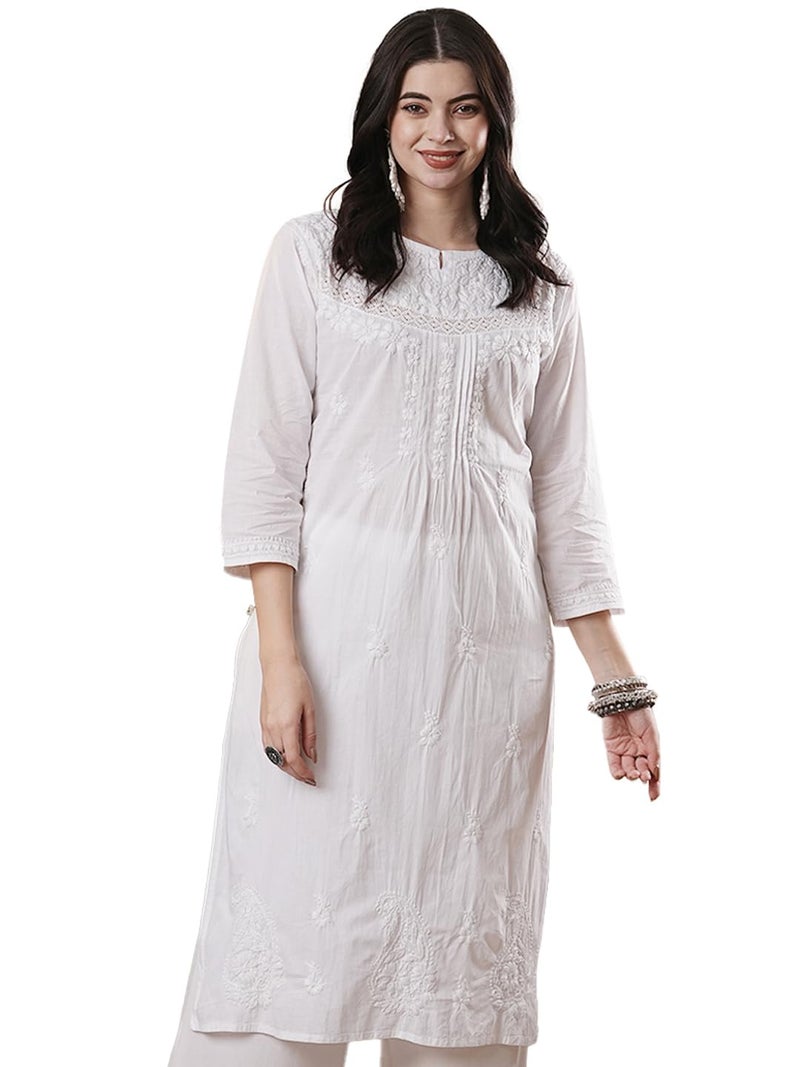 Ada Hand Embroidered Lucknow Chikankari White Cotton Regular Fit Kurti Kurta Tunic for Women A332395 (2XL) - Image 1