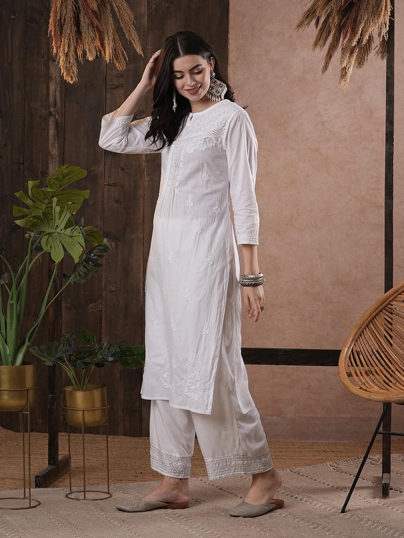 Ada Hand Embroidered Lucknow Chikankari White Cotton Regular Fit Kurti Kurta Tunic for Women A332395 (2XL) - Image 4