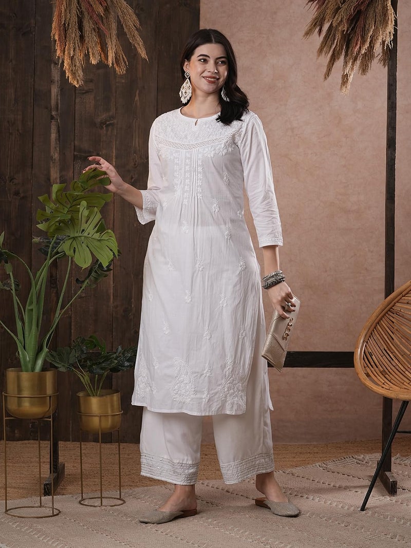 Ada Hand Embroidered Lucknow Chikankari White Cotton Regular Fit Kurti Kurta Tunic for Women A332395 (2XL) - Image 5