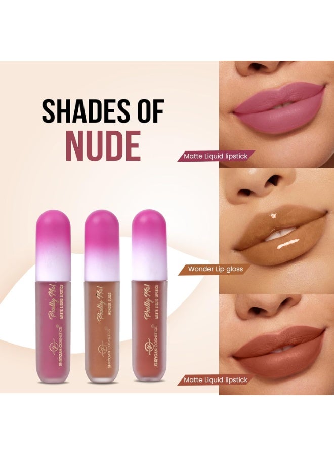Shryoan Pretty Me! 2 Liquid Lipstick & 1 Lip Gloss | Transfer Proof & Highly Pigmented| Waterproof & Smudge-Proof | Pack of 3 | 6ml (Each) (Shades of Nude, Pack OF 3) - Image 4