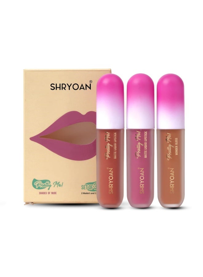 Shryoan Pretty Me! 2 Liquid Lipstick & 1 Lip Gloss | Transfer Proof & Highly Pigmented| Waterproof & Smudge-Proof | Pack of 3 | 6ml (Each) (Shades of Nude, Pack OF 3) - Image 1