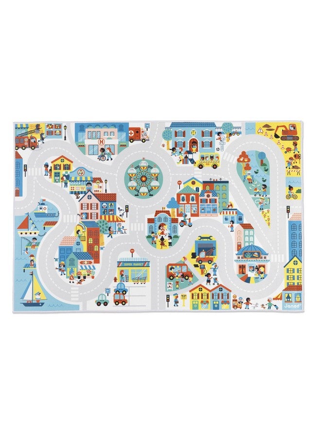 Janod - Children's Car Rug - City Theme - Soft & Non-Slip - Urban Pattern - Play Rug for Girls & Boys' Bedrooms - 120 x 78cm - Hand Washable - from 2 Years Old - J05910 - Image 1